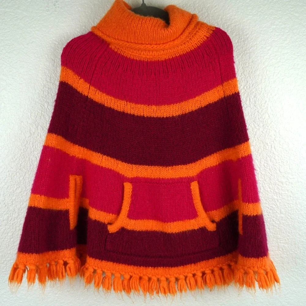 Baby‎ Gap Toddler Knit Poncho 2T Striped Orange Pink Fringe Cape Sweater